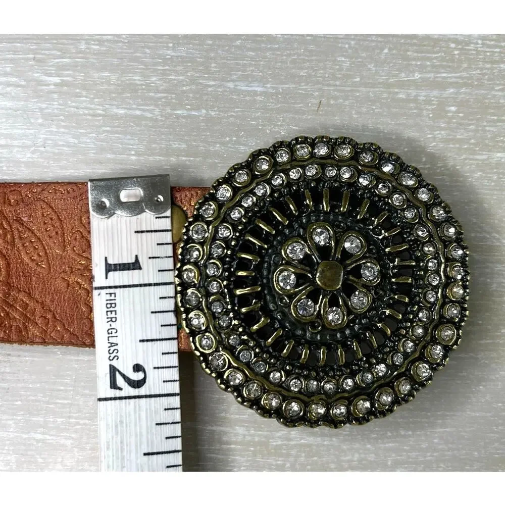 Boho Fossil Tooled Leather Belt with Bedazzled Medallion Style Buckle